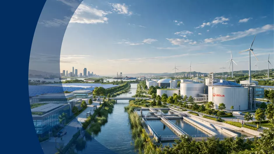 Vue aérienne d'un fleuve, d'une ville et d'un site Veolia